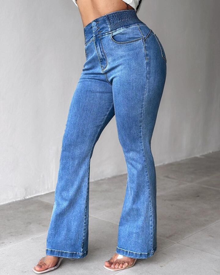 Kadın Yüksek Bel Yanları Lastik önü Düğmeli Kot Pantolon - 7