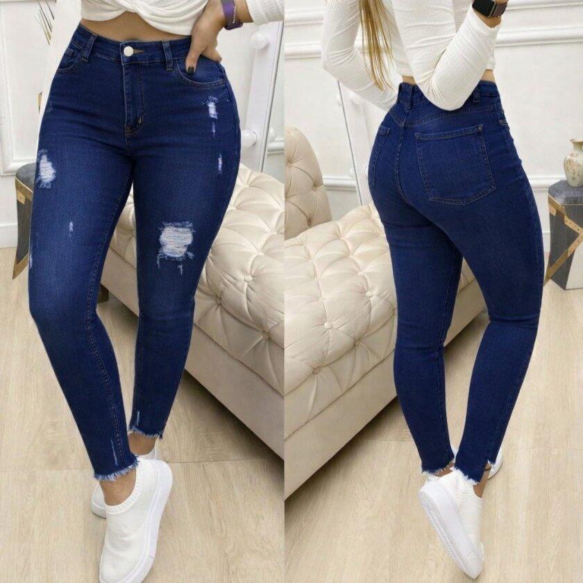 Kadın Yüksek Bel Yırtık Desenli Skınny Kot Pantolon - 1
