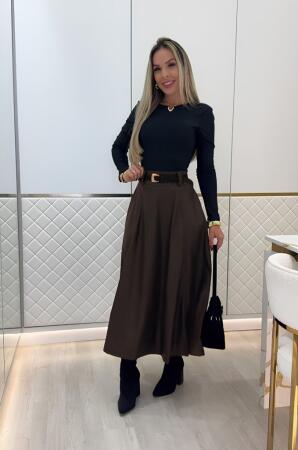 Kadın Yüksek Belli Maxi Deri Kemersiz Etek - 3