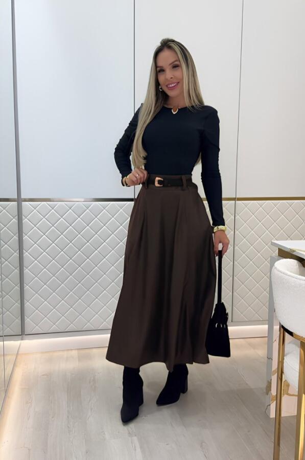 Kadın Yüksek Belli Maxi Deri Kemersiz Etek - 3