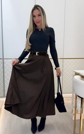 Kadın Yüksek Belli Maxi Deri Kemersiz Etek - 4