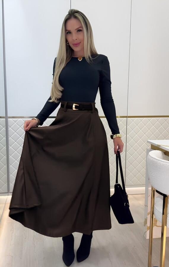 Kadın Yüksek Belli Maxi Deri Kemersiz Etek - 4