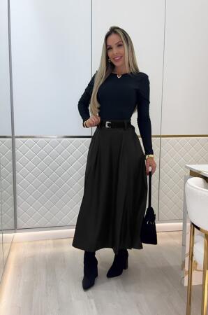 Kadın Yüksek Belli Maxi Deri Kemersiz Etek - 3