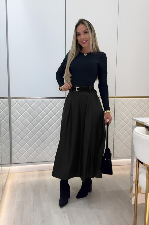 Kadın Yüksek Belli Maxi Deri Kemersiz Etek - 3