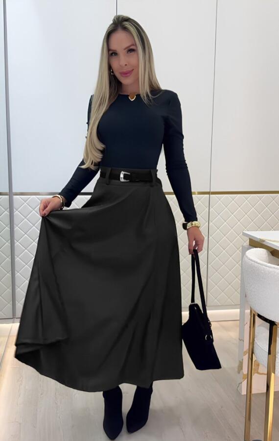 Kadın Yüksek Belli Maxi Deri Kemersiz Etek - 4
