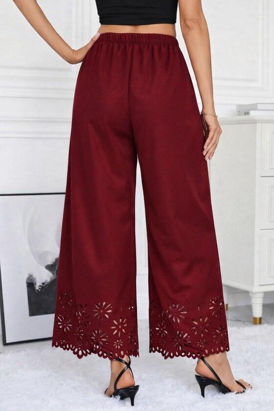 Kadın Yüksel Bel Beli Lastıklı çiçek Desenli Lazer Kesım Detaylı Ithal Krep Pantolon - 3