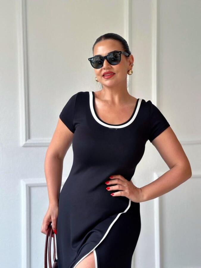 Kadın Yuvarlak Ribana Yaka Beyaz Yırtmaç Detaylı Viskon Tam Boy Elbise - 6