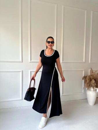 Kadın Yuvarlak Ribana Yaka Beyaz Yırtmaç Detaylı Viskon Tam Boy Elbise - 7