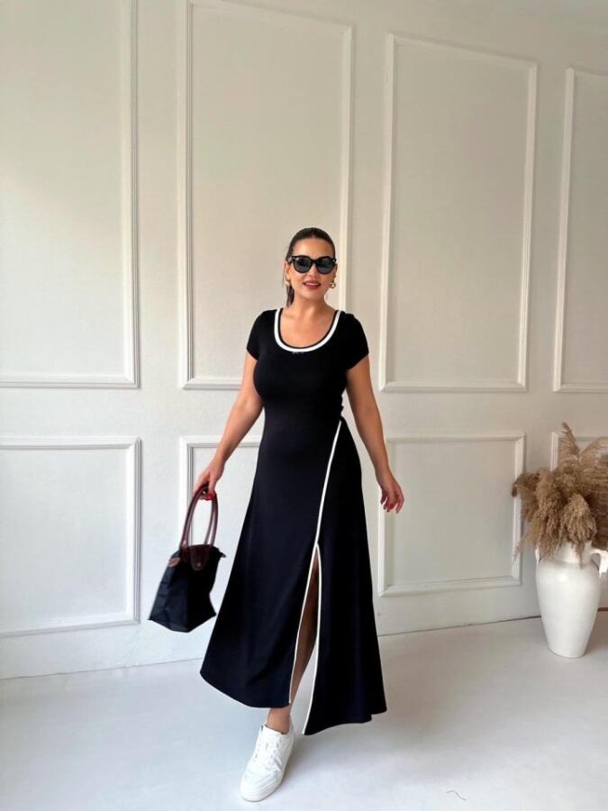 Kadın Yuvarlak Ribana Yaka Beyaz Yırtmaç Detaylı Viskon Tam Boy Elbise - 7