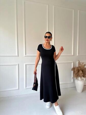 Kadın Yuvarlak Ribana Yaka Beyaz Yırtmaç Detaylı Viskon Tam Boy Elbise - 8