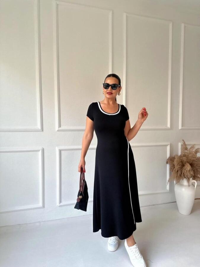 Kadın Yuvarlak Ribana Yaka Beyaz Yırtmaç Detaylı Viskon Tam Boy Elbise - 8