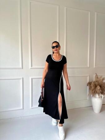 Kadın Yuvarlak Ribana Yaka Beyaz Yırtmaç Detaylı Viskon Tam Boy Elbise - 9