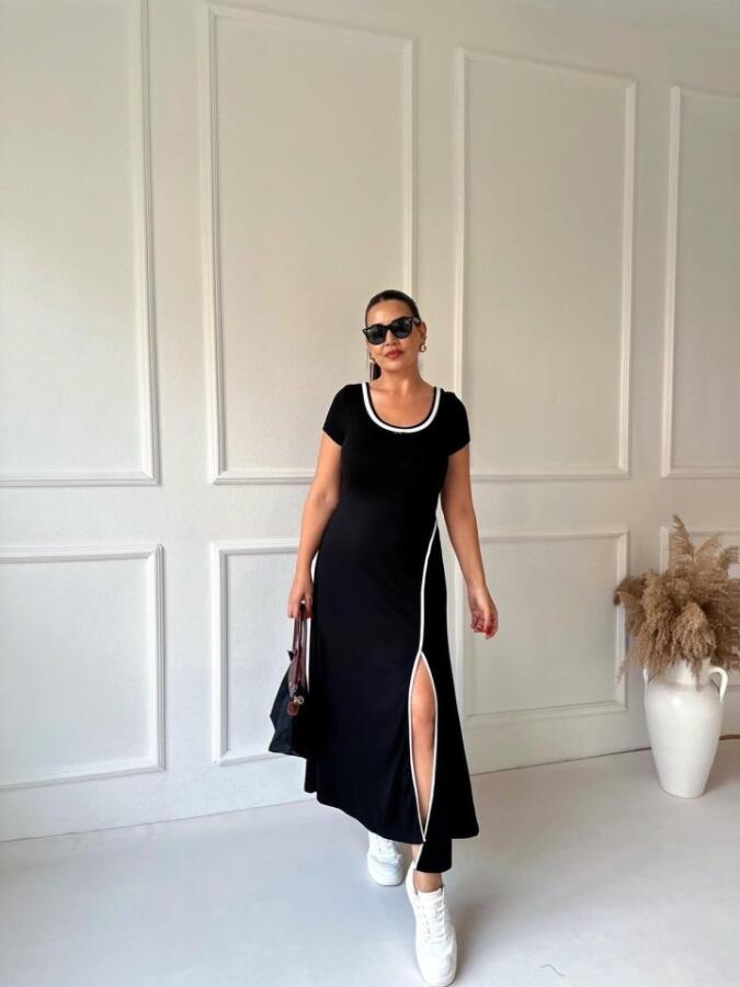 Kadın Yuvarlak Ribana Yaka Beyaz Yırtmaç Detaylı Viskon Tam Boy Elbise - 9