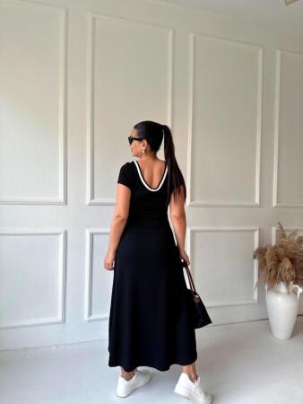 Kadın Yuvarlak Ribana Yaka Beyaz Yırtmaç Detaylı Viskon Tam Boy Elbise - 10