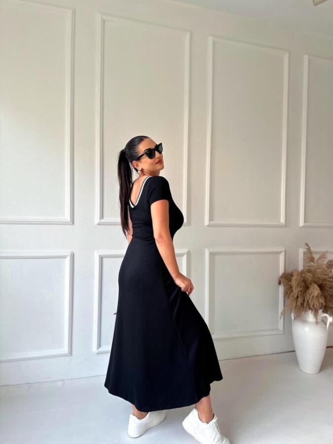 Kadın Yuvarlak Ribana Yaka Beyaz Yırtmaç Detaylı Viskon Tam Boy Elbise - 11