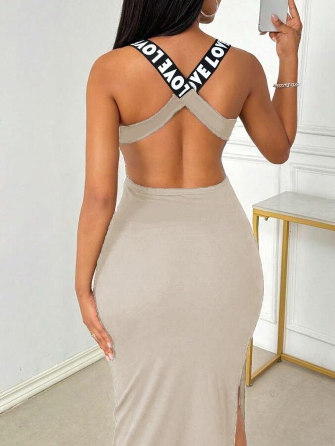 Kadın Yuvarlak Yaka Sırttan çapraz şerit Love Detaylı Yırtmaçlı Viskon Elbise - 2