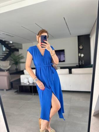 Kadınn V Yaka Düğme Detay Kuşak Dahil Elbise - ANGELINO BuyukBedeniz