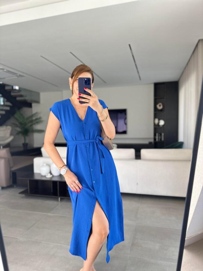 Kadınn V Yaka Düğme Detay Kuşak Dahil Elbise - 2