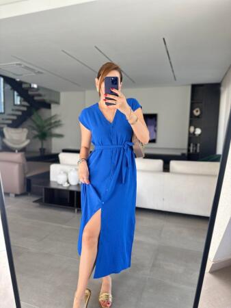 Kadınn V Yaka Düğme Detay Kuşak Dahil Elbise - 4