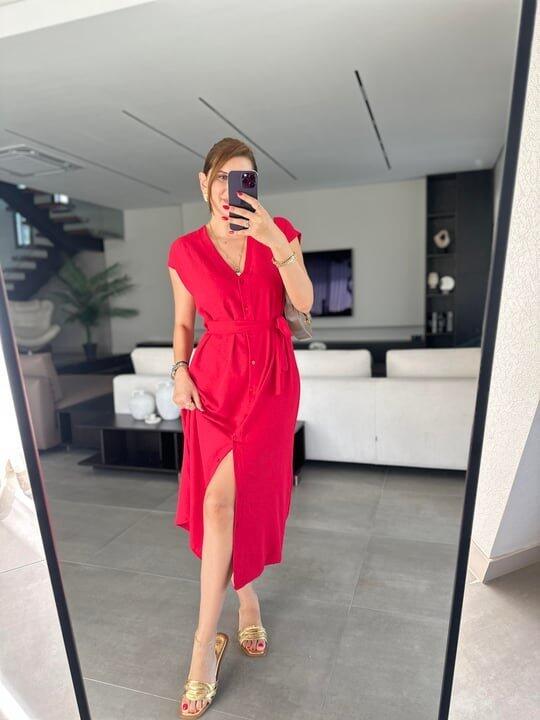 Kadınn V Yaka Düğme Detay Kuşak Dahil Elbise - 1