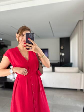 Kadınn V Yaka Düğme Detay Kuşak Dahil Elbise - ANGELINO BuyukBedeniz (1)