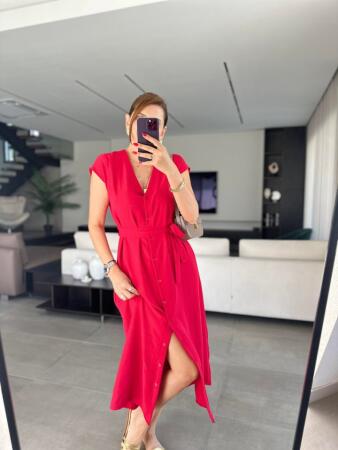 Kadınn V Yaka Düğme Detay Kuşak Dahil Elbise - 3