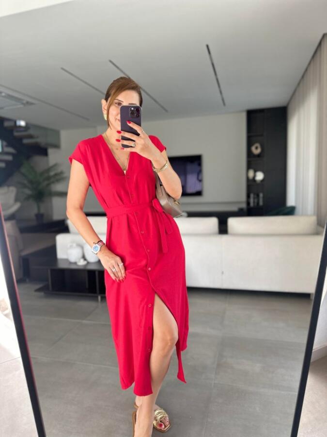 Kadınn V Yaka Düğme Detay Kuşak Dahil Elbise - 4