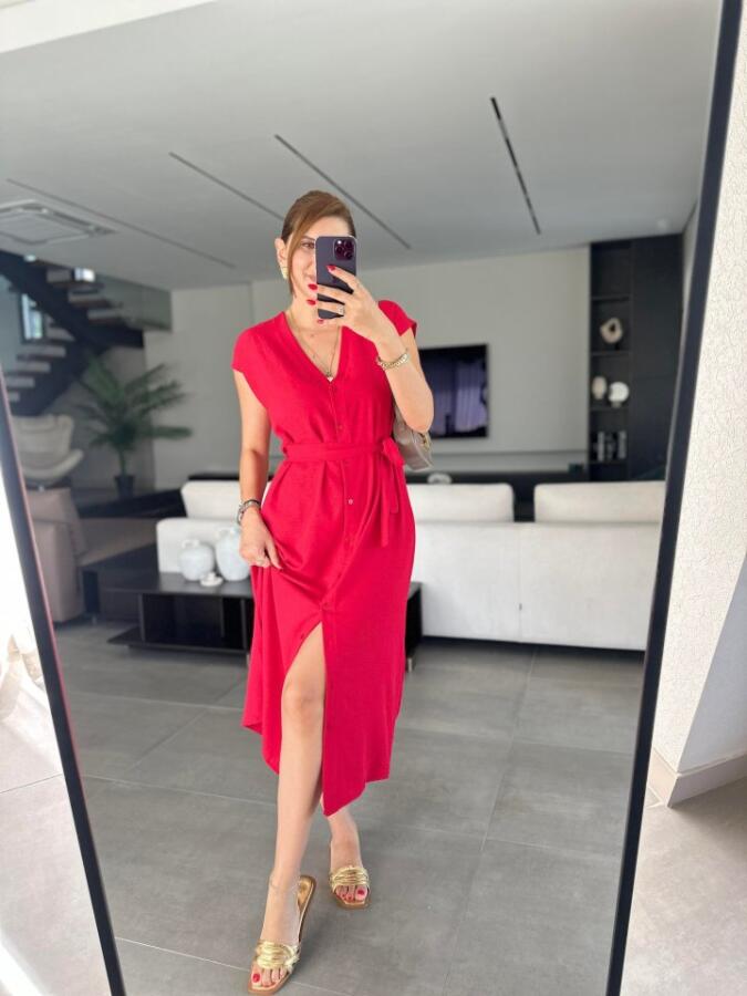 Kadınn V Yaka Düğme Detay Kuşak Dahil Elbise - 5