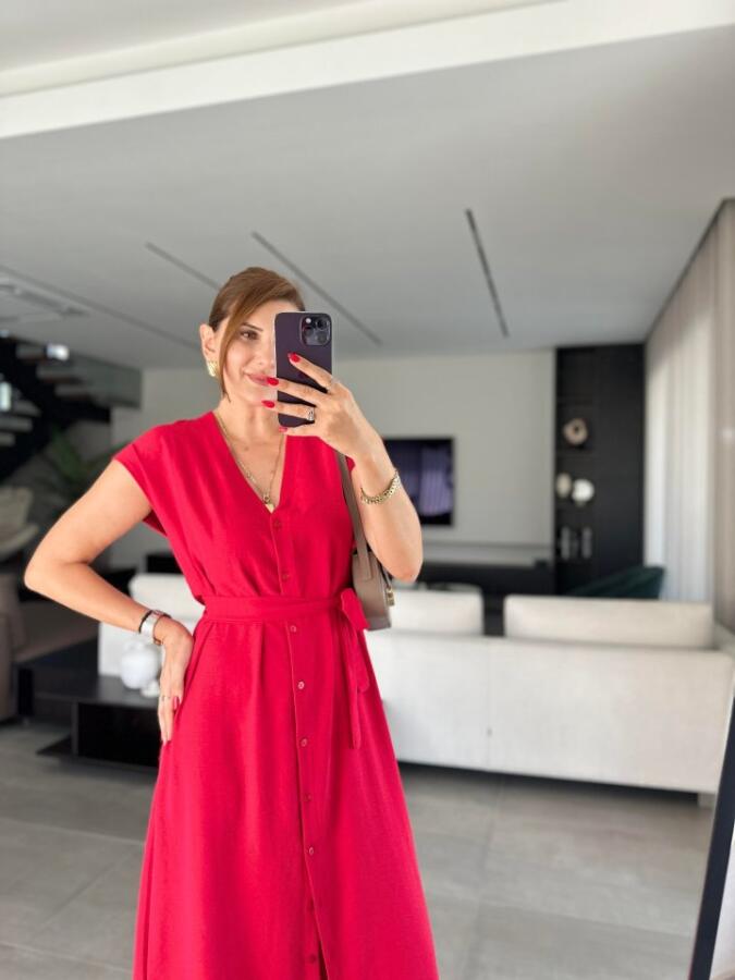 Kadınn V Yaka Düğme Detay Kuşak Dahil Elbise - 6