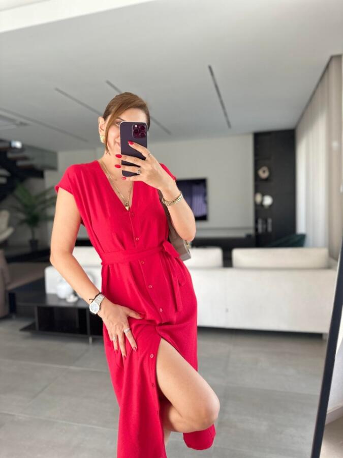 Kadınn V Yaka Düğme Detay Kuşak Dahil Elbise - 7