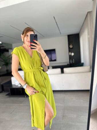 Kadınn V Yaka Düğme Detay Kuşak Dahil Elbise - ANGELINO BuyukBedeniz