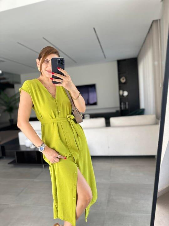 Kadınn V Yaka Düğme Detay Kuşak Dahil Elbise - 3