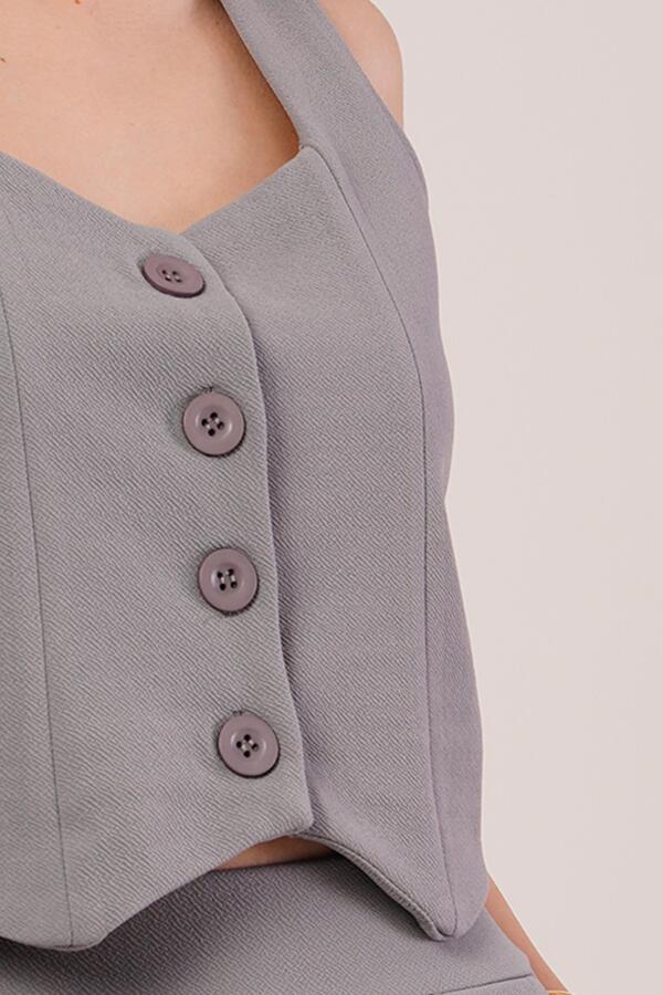 Kalın Askılı Düğmeli Yelek Ve Pantolon Gri Takım - 2