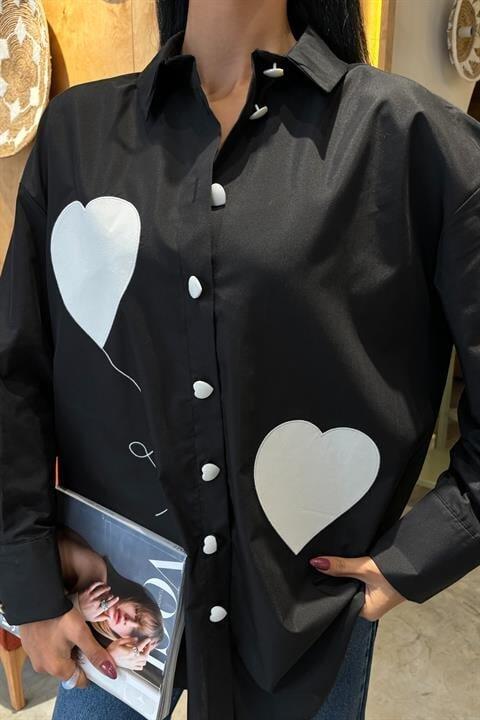 Kalp Nakışlı Ve Düğme Detaylı Oversize Gömlek 3430 - 6
