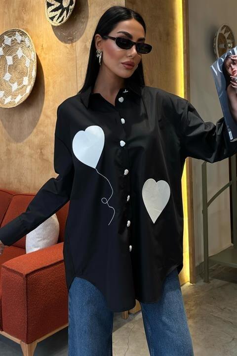 Kalp Nakışlı Ve Düğme Detaylı Oversize Gömlek 3430 - 7