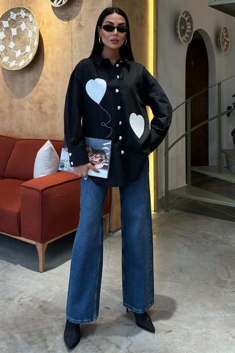 Kalp Nakışlı Ve Düğme Detaylı Oversize Gömlek 3430 - 8