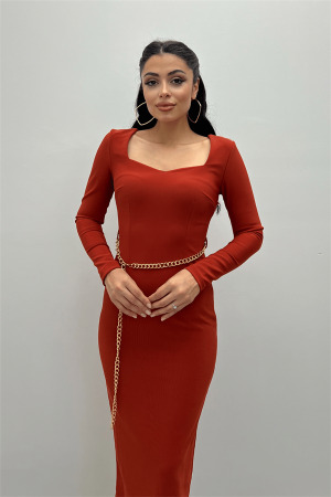 Kalp Yaka Zincir Kemerli Elbise - Kiremit - 4