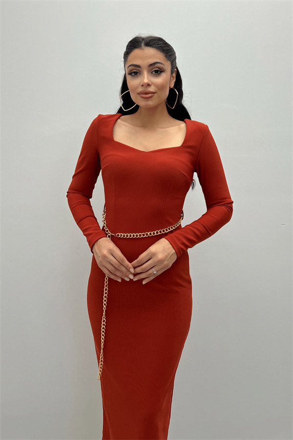 Kalp Yaka Zincir Kemerli Elbise - Kiremit - 4