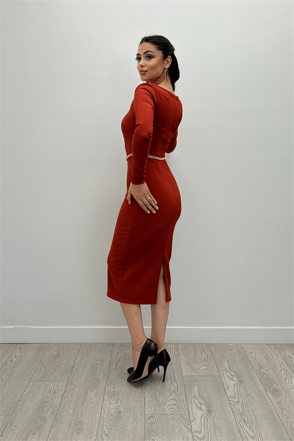 Kalp Yaka Zincir Kemerli Elbise - Kiremit - 5