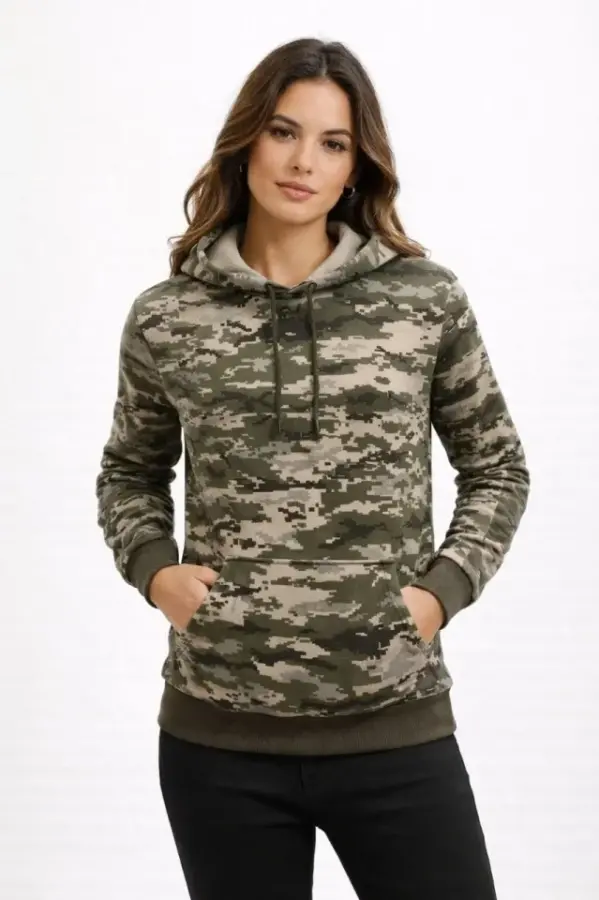 Kamuflaj Desenli 2 İplik 4 Mevsim Kapüşonlu Kanguru Cepli Hoodie Sweatshirt - Kamuflaj - 3