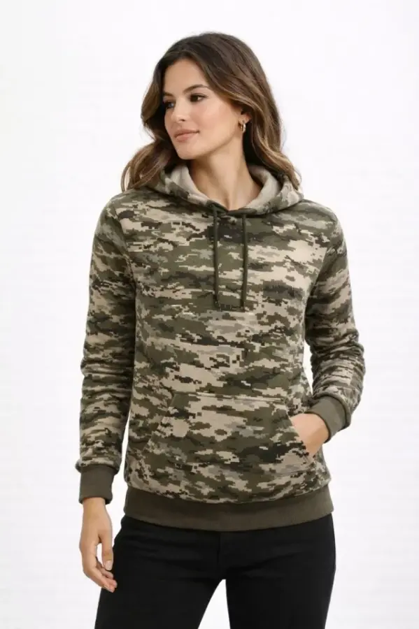 Kamuflaj Desenli 2 İplik 4 Mevsim Kapüşonlu Kanguru Cepli Hoodie Sweatshirt - Kamuflaj - 4