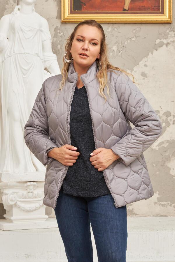 Kapitone Büyük Beden Gri Mont - 6