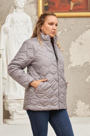 Kapitone Büyük Beden Gri Mont - 7