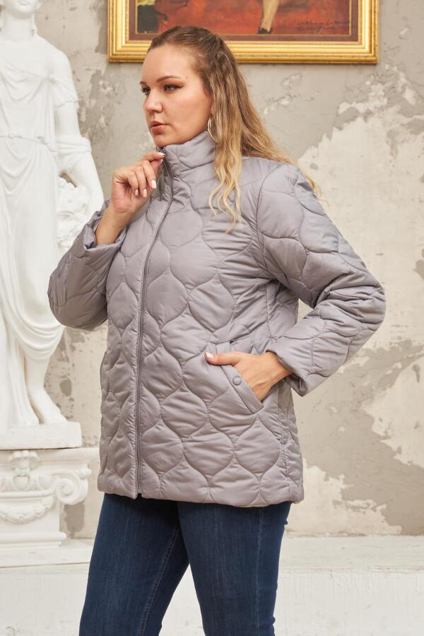 Kapitone Büyük Beden Gri Mont - 8