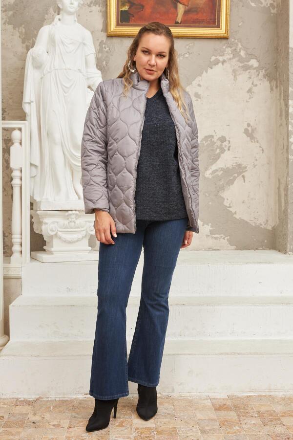 Kapitone Büyük Beden Gri Mont - 10