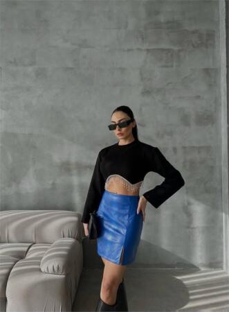 KAPİTONE DERİ ETEK YIRTMAÇLI - Saks - ANGELINO BuyukBedeniz