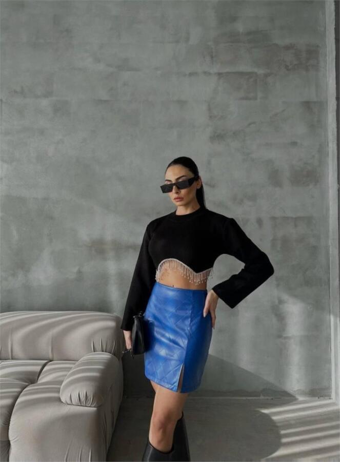 KAPİTONE DERİ ETEK YIRTMAÇLI - Saks - 1