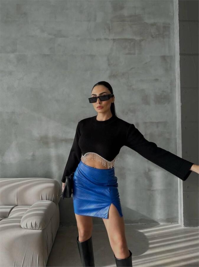 KAPİTONE DERİ ETEK YIRTMAÇLI - Saks - 2