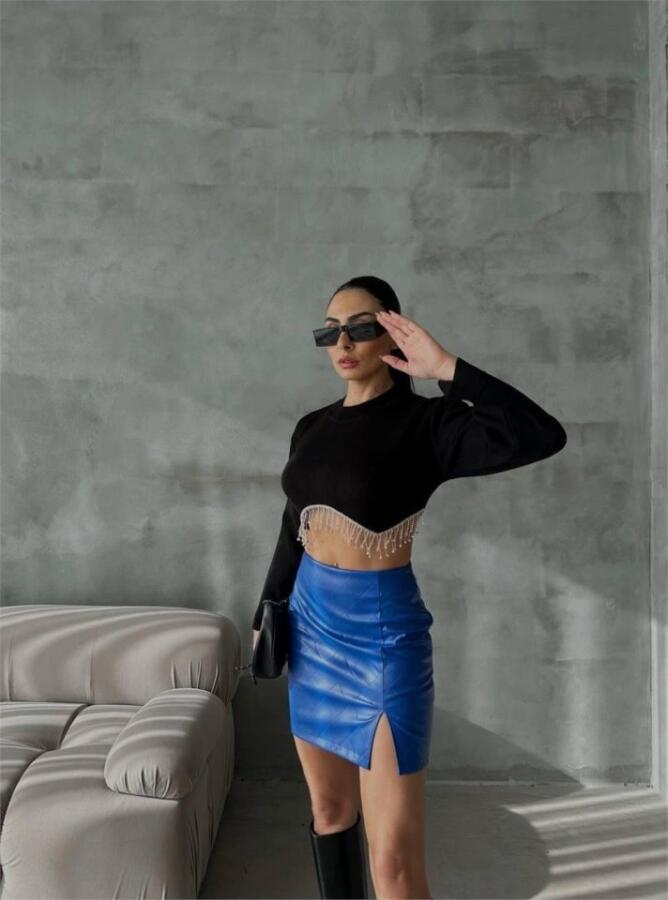 KAPİTONE DERİ ETEK YIRTMAÇLI - Saks - 4