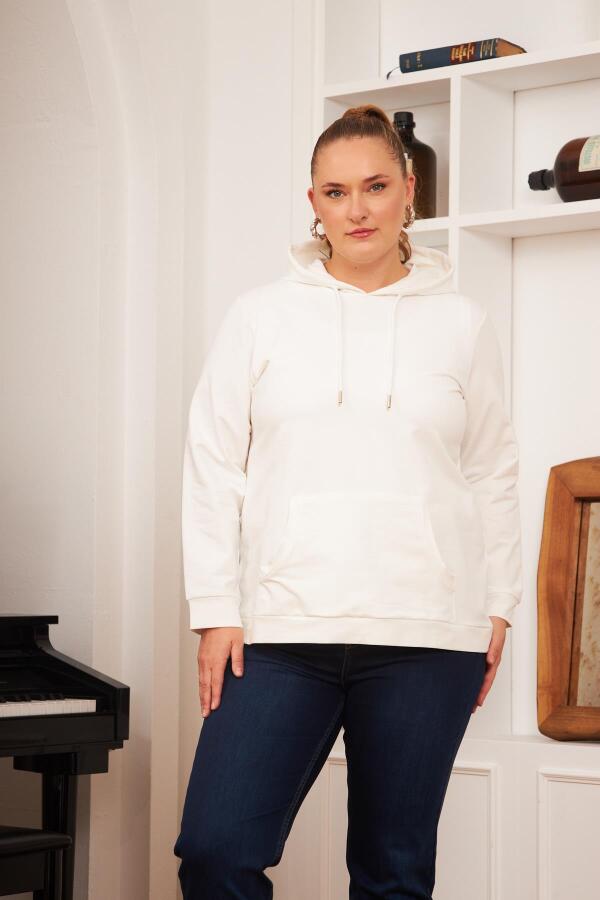 Kapşonlu Büyük Beden Beyaz Sweatshirt - 1